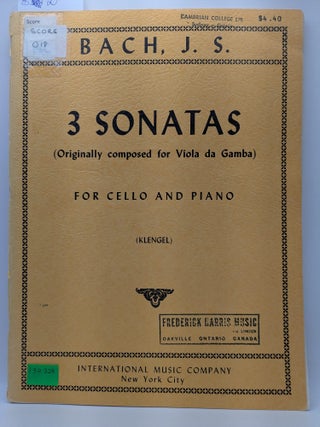 Item #132328 3 Sonatas (Originally Composed for Viola da Gamba) for Cello and Piano. J. S. Bach